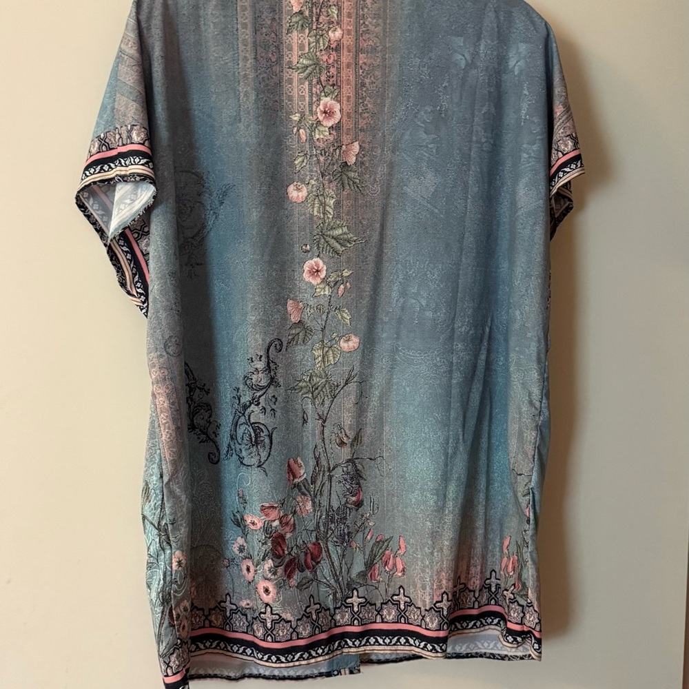 Blue and Pink Short Sleeve Blouse with Floral Embellishments